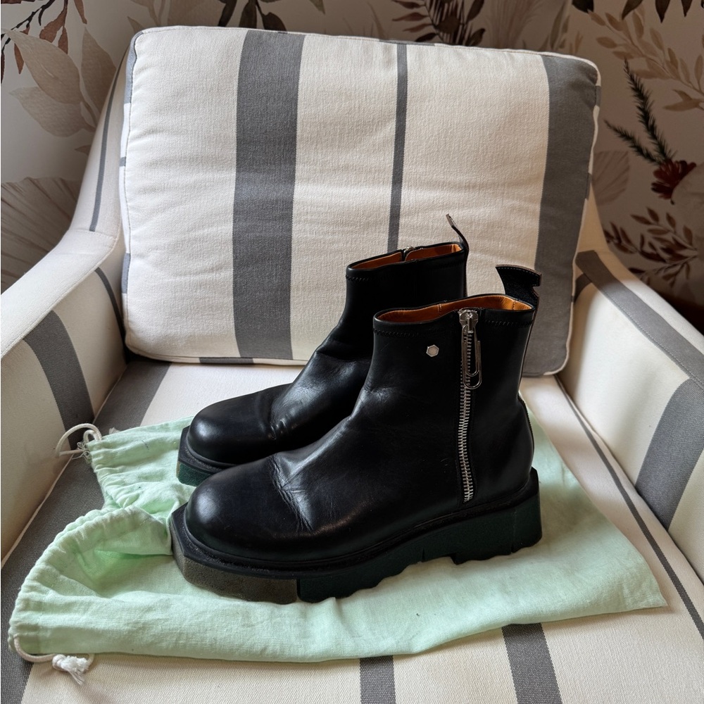Off White Black Leather Ankle Boots with Zipper